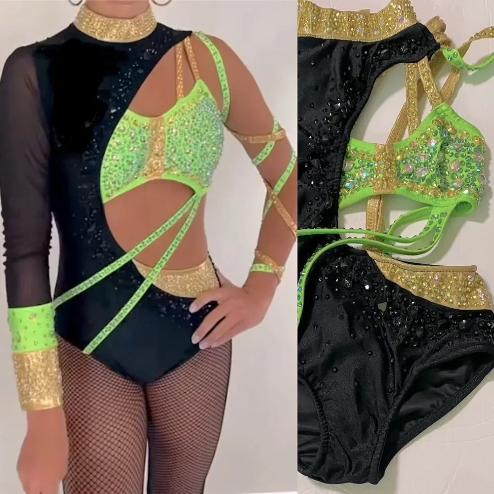 Glamour solo dance costume leotard Money green embellished rhinestone SC child